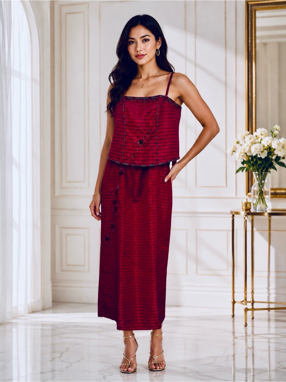 Couture Sequined Dress Designed by Jed Sevilla ~ 3-Piece ~ Burgundy